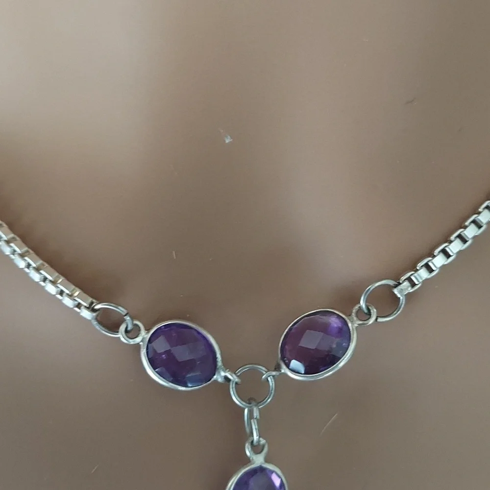 Handcrafted Sterling Silver Amethyst dangle Box Chain Necklace  New